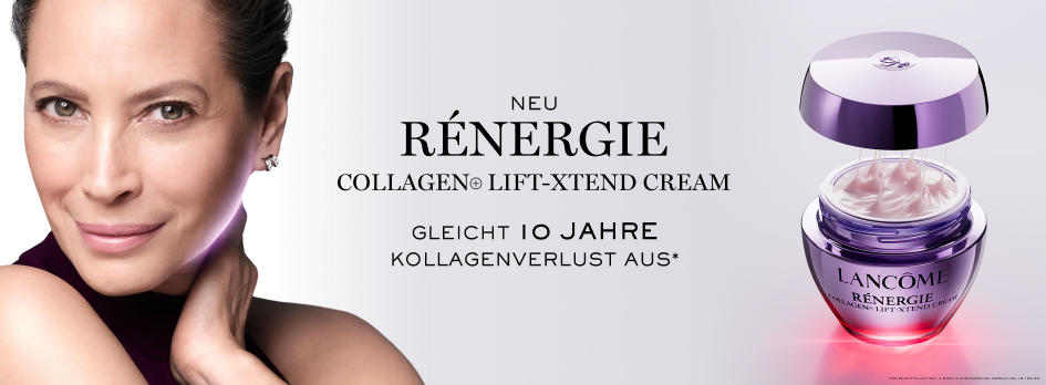 Werbebanner für Lancôme Rénergie Collagen Lift X-Tend Cream mit Modelporträt und geöffnetem violettem Cremetiegel, schwebende Creme-Textur im Deckel vor hellem Hintergrund
