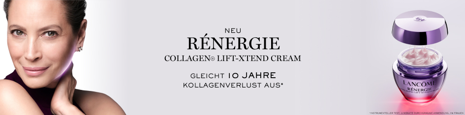 Lancôme Rénergie Collagen Lift X-Tend Cream mit Modelporträt und geöffnetem violettem Cremetiegel vor hellem Hintergrund