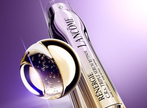 Nahaufnahme des Lancôme Rénergie C.R.X. Triple Serum Retinol in einem luxuriösen Flakon mit goldenen Details.