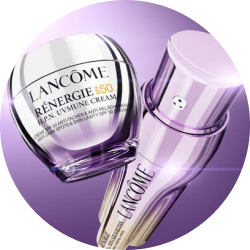 Produkte Lancôme Rénergie SPF50 H.P.N. UVMUNE Cream und Rénergie C.R.x. Triple Serum Retinol nebeneinander in einem stilvollen Arrangement.