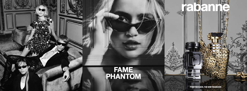 Werbung für Rabanne-Parfüms 'Fame' und 'Phantom'. Links eine stilvolle Gruppe in schwarz-weiß, in der Mitte ein Porträt einer Frau mit Sonnenbrille, rechts luxuriöse Parfümflaschen vor verziertem Hintergrund.