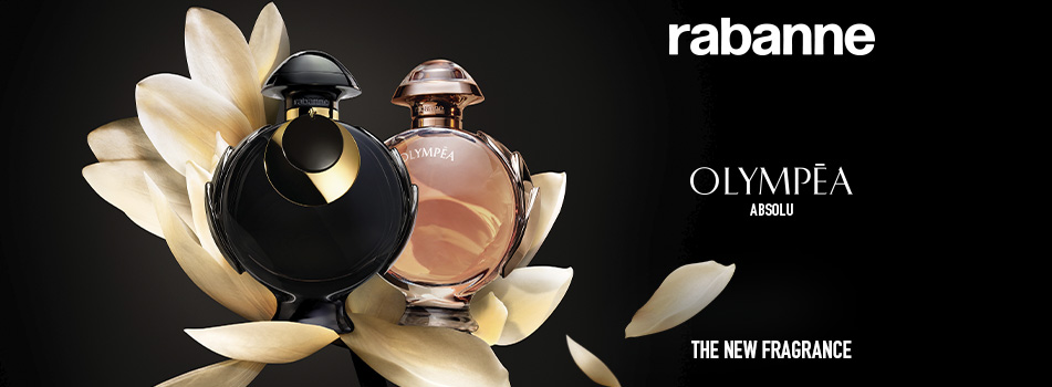 Werbebanner für das Parfum „Olympéa Absolu“ von Rabanne. Links im Bild stehen zwei runde Flakons, einer in glänzendem Schwarz mit goldenen Akzenten, der andere in transparentem Roséton. Sie sind von cremefarbenen Blütenblättern umgeben. Rechts auf schwarzem Hintergrund steht in weißer Schrift „rabanne“, darunter „OLYMPÉA ABSOLU“ und „THE NEW FRAGRANCE“.